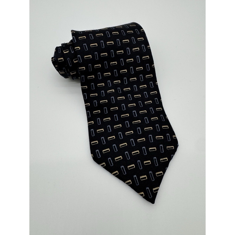 Bill Blass Neo Silk Tie Black Blue Gold Geometric Pattern Classic Designer Tie
